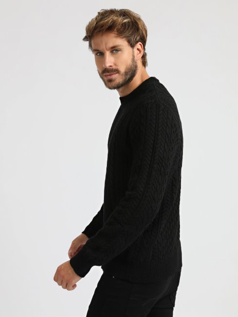 Pull Torsadé Noir En Laine Mélangée Guess