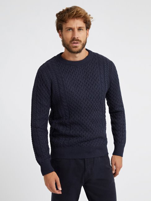Guess Pull En Maille Torsadée En Laine Mélangée Bleu