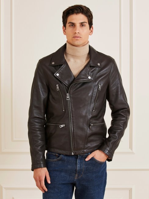 Guess Veste De Motard En Cuir Véritable Marron
