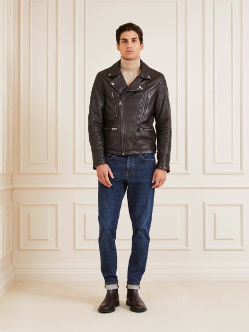 Guess Veste De Motard En Cuir Véritable Marron