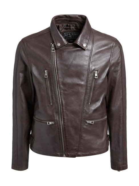 Guess Veste De Motard En Cuir Véritable Marron