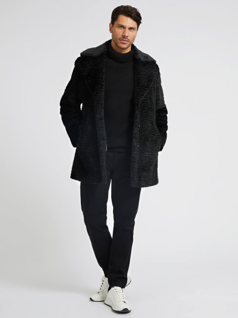 Guess Manteau Noir En Fausse Fourrure