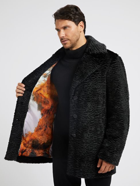 Guess Manteau Noir En Fausse Fourrure