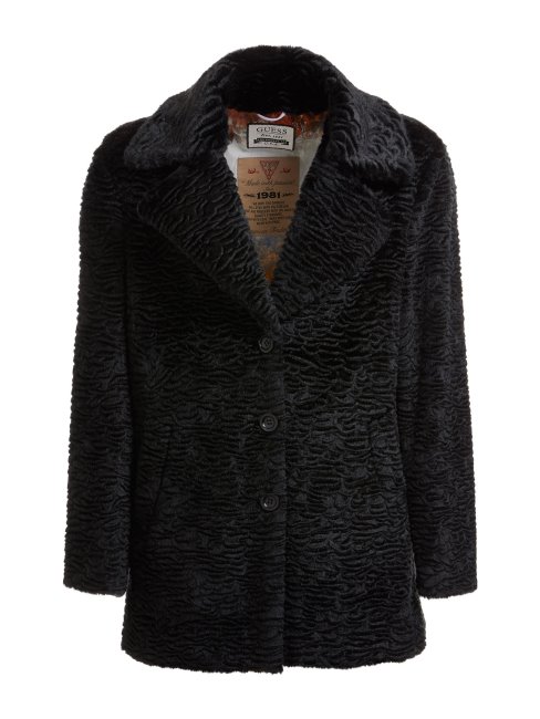 Guess Manteau Noir En Fausse Fourrure