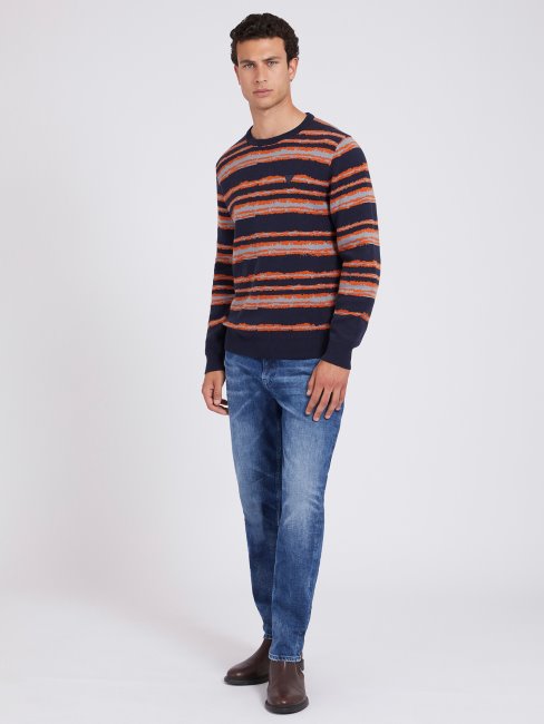 Pull Bleu à Rayures Multiples En Laine Mélangée Guess