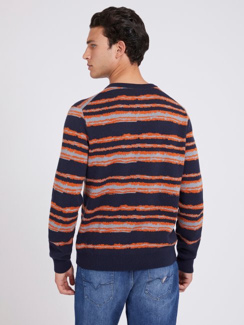 Pull Bleu à Rayures Multiples En Laine Mélangée Guess