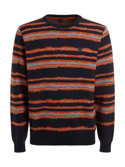 Pull Bleu à Rayures Multiples En Laine Mélangée Guess