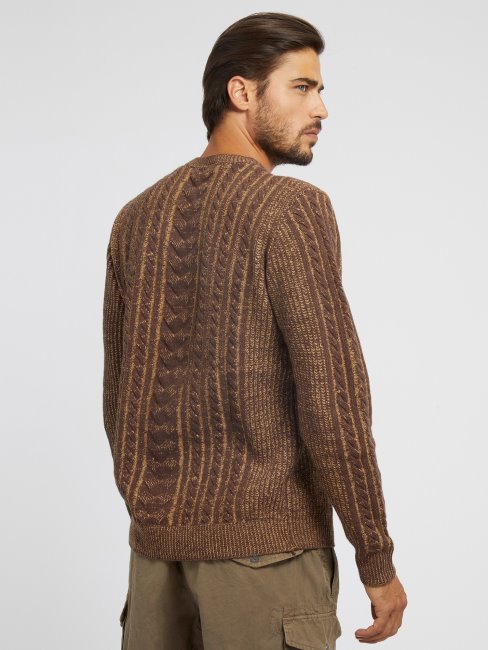 Pull En Maille Torsadée En Laine Mélangée Marron Guess