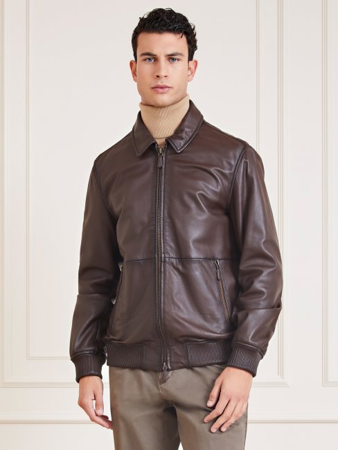 Veste En Cuir Véritable Marron Guess Marciano