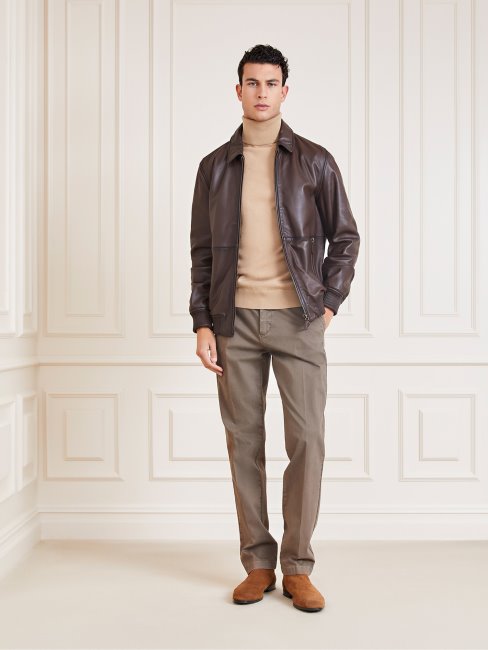 Veste En Cuir Véritable Marron Guess Marciano