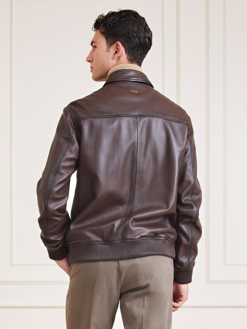 Veste En Cuir Véritable Marron Guess Marciano