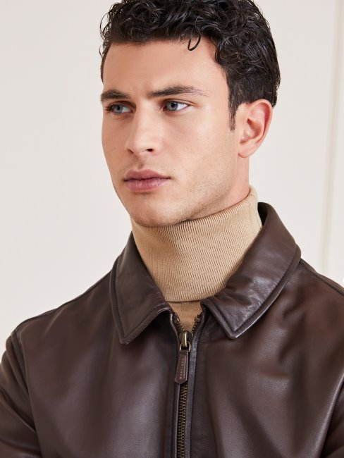 Veste En Cuir Véritable Marron Guess Marciano
