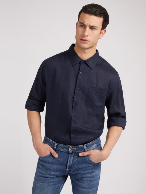 Chemise En Lin Bleu Guess