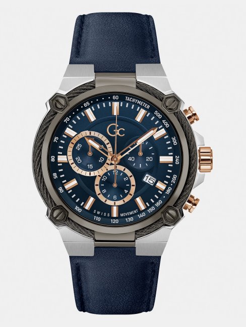 Montre Chronographe Guess Gc En Cuir Véritable Argentée