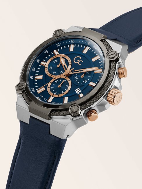 Montre Chronographe Guess Gc En Cuir Véritable Argentée