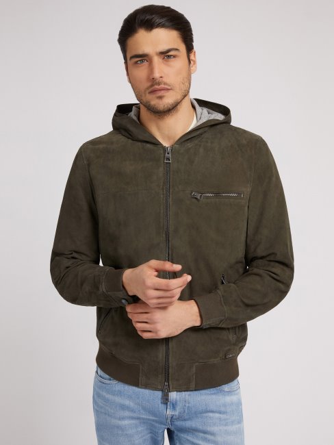 Guess Blouson Vert à Capuche En Daim