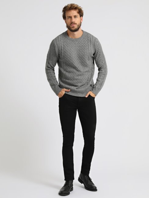 Pull Gris Torsadé En Laine Mélangée Guess