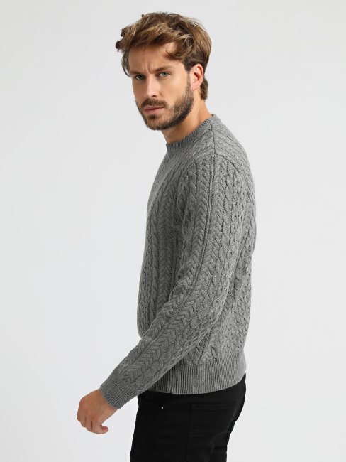 Pull Gris Torsadé En Laine Mélangée Guess