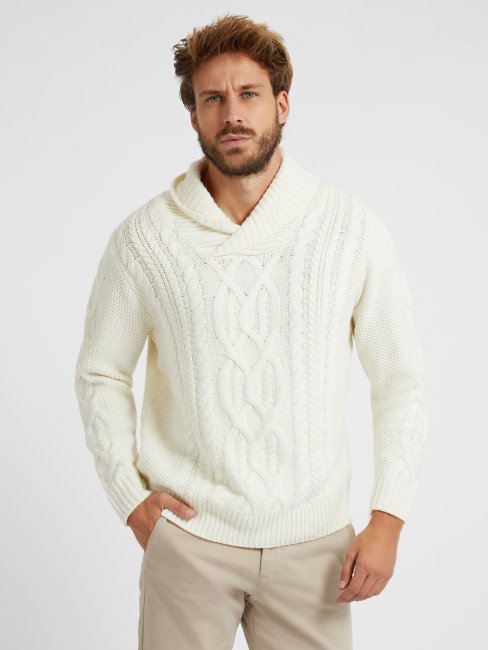 Guess Pull Blanc En Maille Torsadée En Laine Mélangée