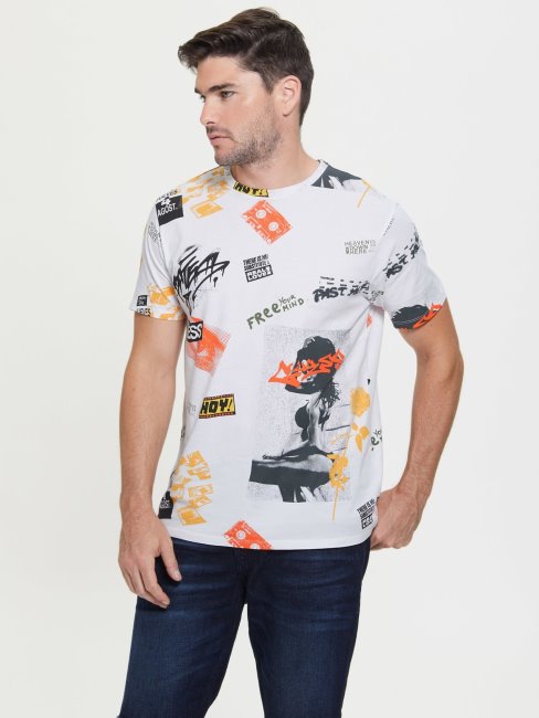 T-shirt Imprimé Guess All Over Blanc Multi Nouvelle Tendance