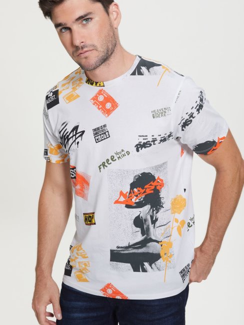 T-shirt Imprimé Guess All Over Blanc Multi Nouvelle Tendance