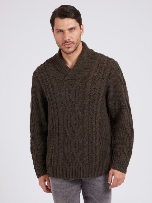 Pull Torsadé En Laine Mélangée Guess Marron Foncé