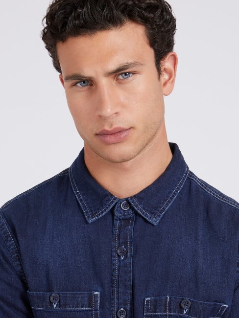 Chemise En Denim De Lin Mélangé Bleu Foncé Guess