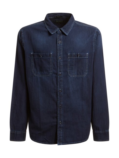 Chemise En Denim De Lin Mélangé Bleu Foncé Guess