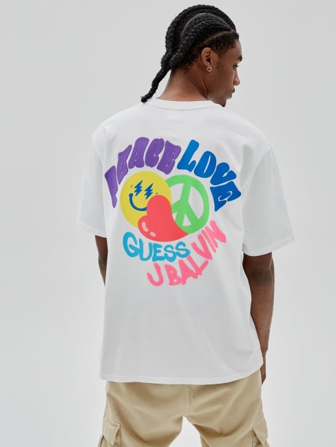 T-shirt Blanc Imprimé Guess Au Dos