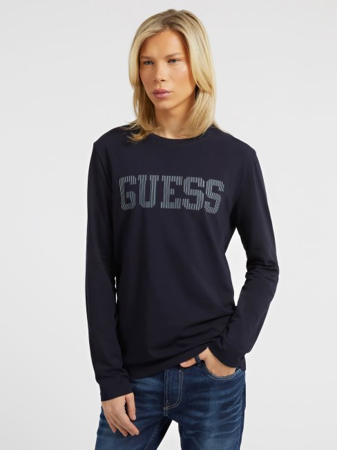 Tee Shirt Guess Manches Longues Avec Logo Sur Le Devant Bleu