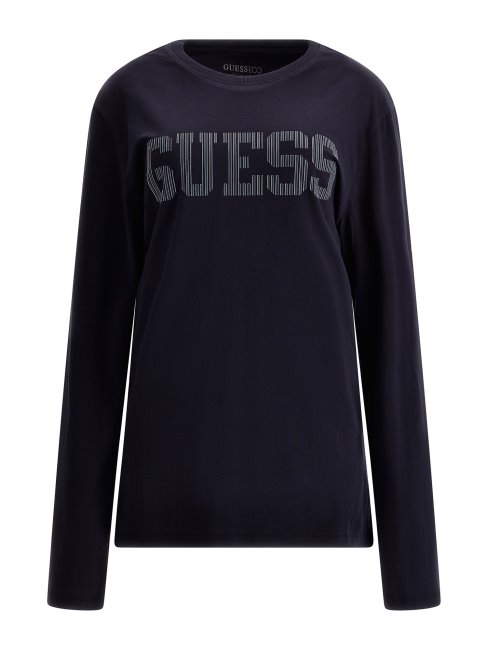 Tee Shirt Guess Manches Longues Avec Logo Sur Le Devant Bleu