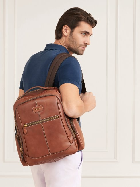 Sac à Dos En Cuir Véritable Lario Marron Guess