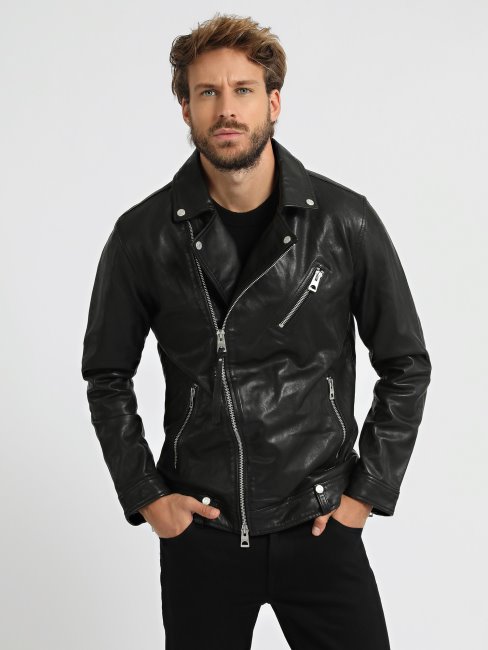 Veste En Cuir Véritable Noir Guess