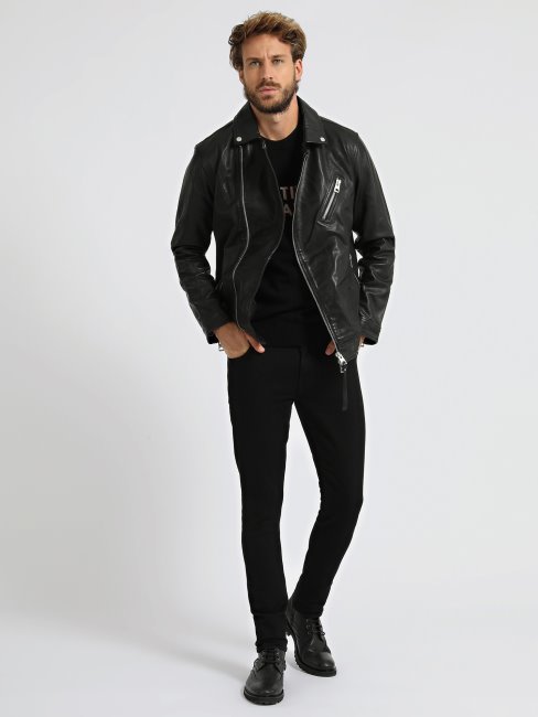 Veste En Cuir Véritable Noir Guess