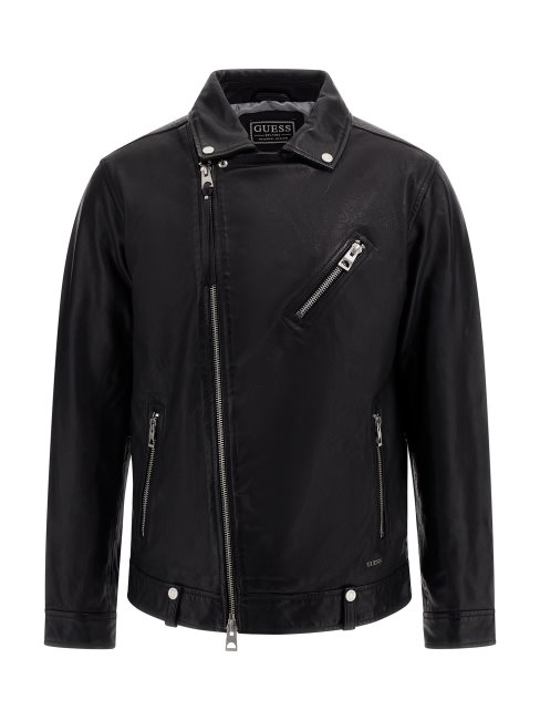 Veste En Cuir Véritable Noir Guess
