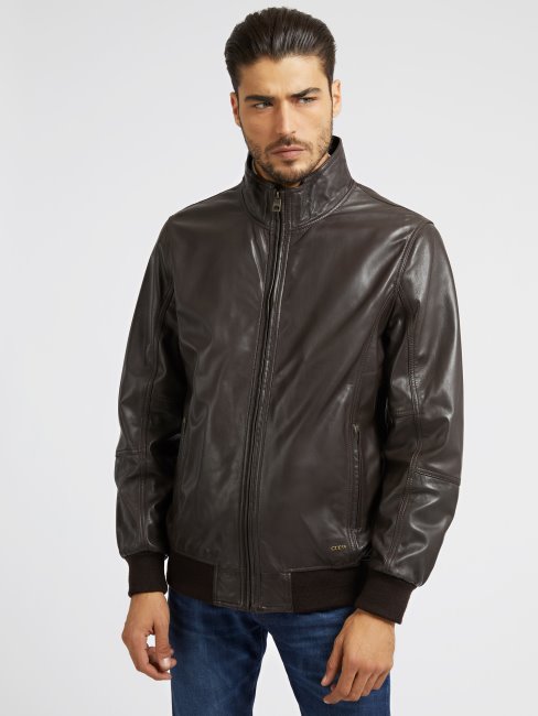 Guess Veste En Cuir Véritable Marron