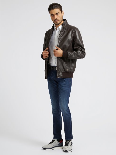 Guess Veste En Cuir Véritable Marron