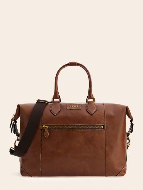 Grand Sac De Week-end En Cuir Véritable Marron Lario Guess