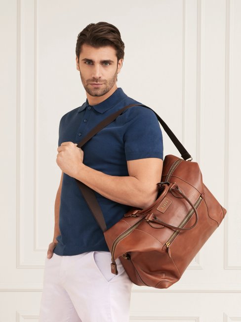 Grand Sac De Week-end En Cuir Véritable Marron Lario Guess