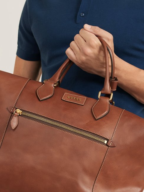 Grand Sac De Week-end En Cuir Véritable Marron Lario Guess