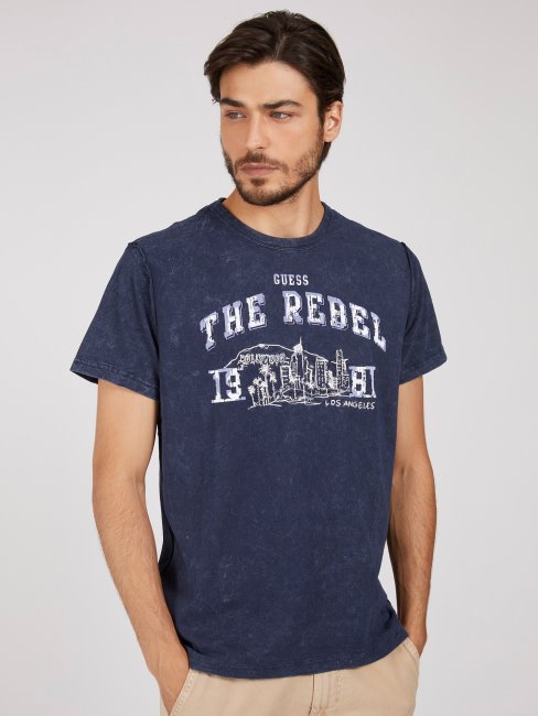 T-shirt Bleu Imprimé Guess Devant