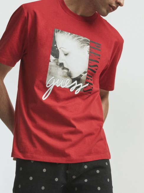 Tee Shirt Rouge Imprimé Placé Guess