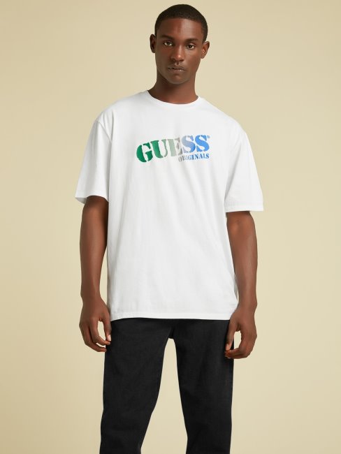 Tee Shirt Guess Blanc Logo Sur Le Devant