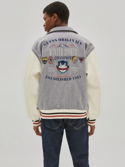 Guess Blouson Aviateur Gris à Patchs Multiples