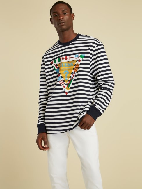 Tee Shirt Bleu Multi Logo Drapeau Guess