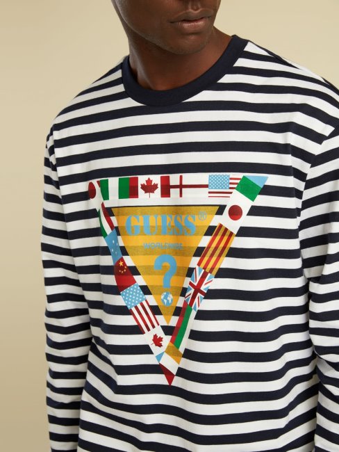 Tee Shirt Bleu Multi Logo Drapeau Guess