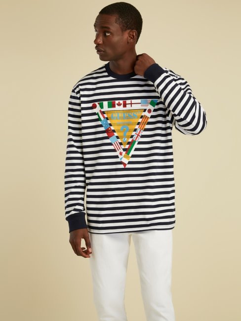 Tee Shirt Bleu Multi Logo Drapeau Guess