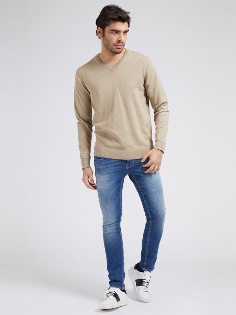 Pull Col V En Coton Stretch Gris Guess