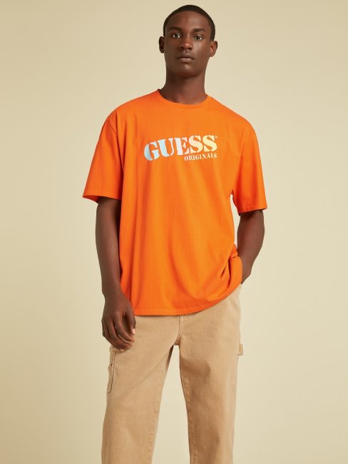 Tee Shirt Guess Orange à Logo Sur Le Devant
