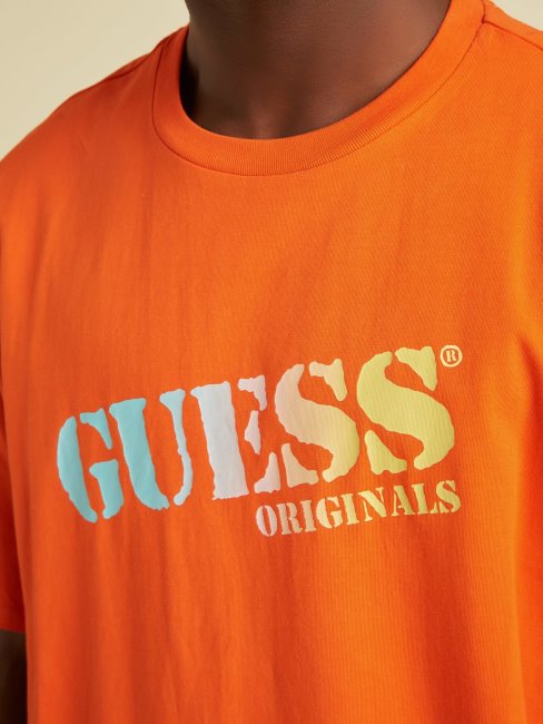 Tee Shirt Guess Orange à Logo Sur Le Devant